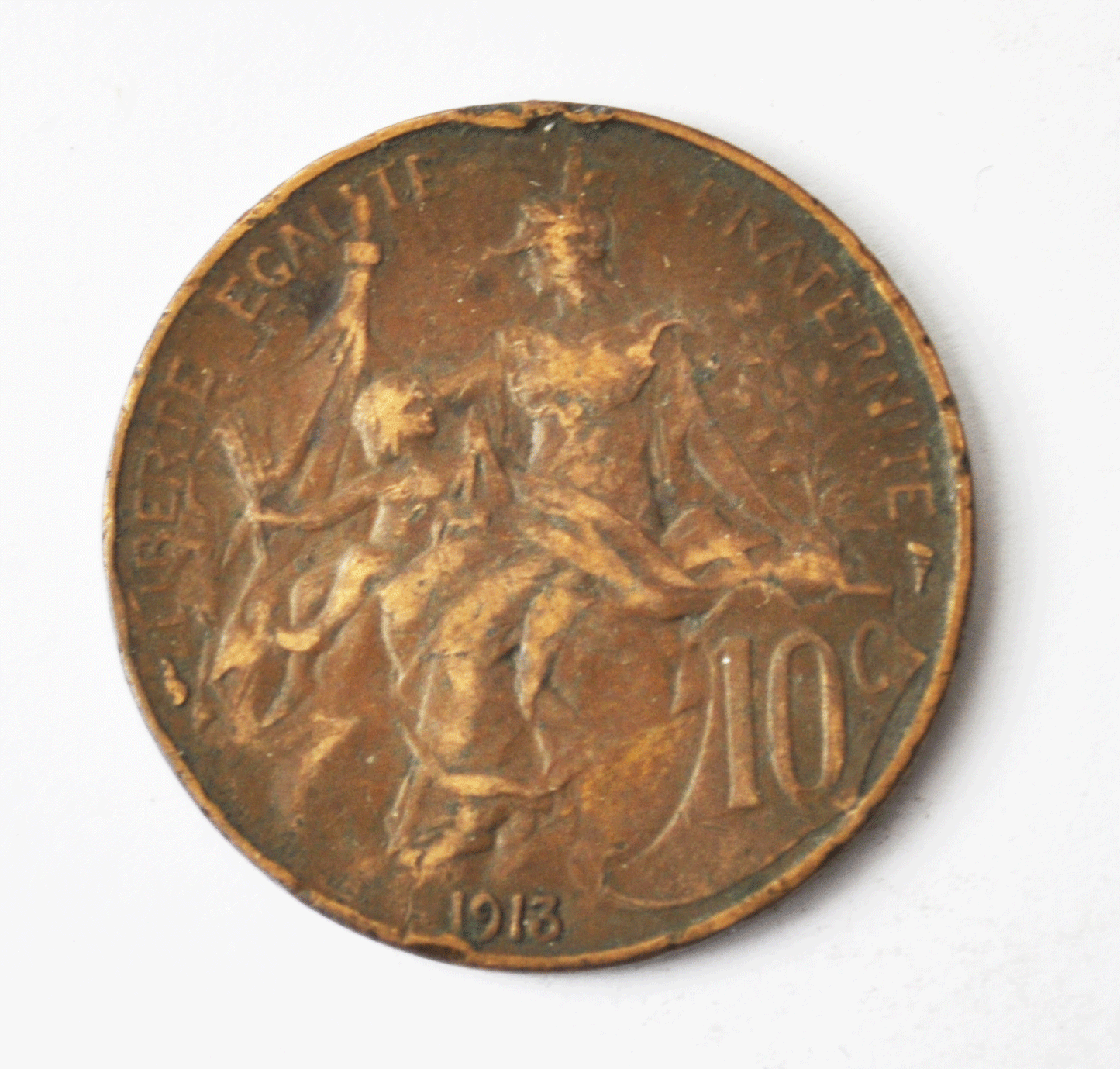 1913 France 10 Ten Centimes KM# 843 Bronze Coin