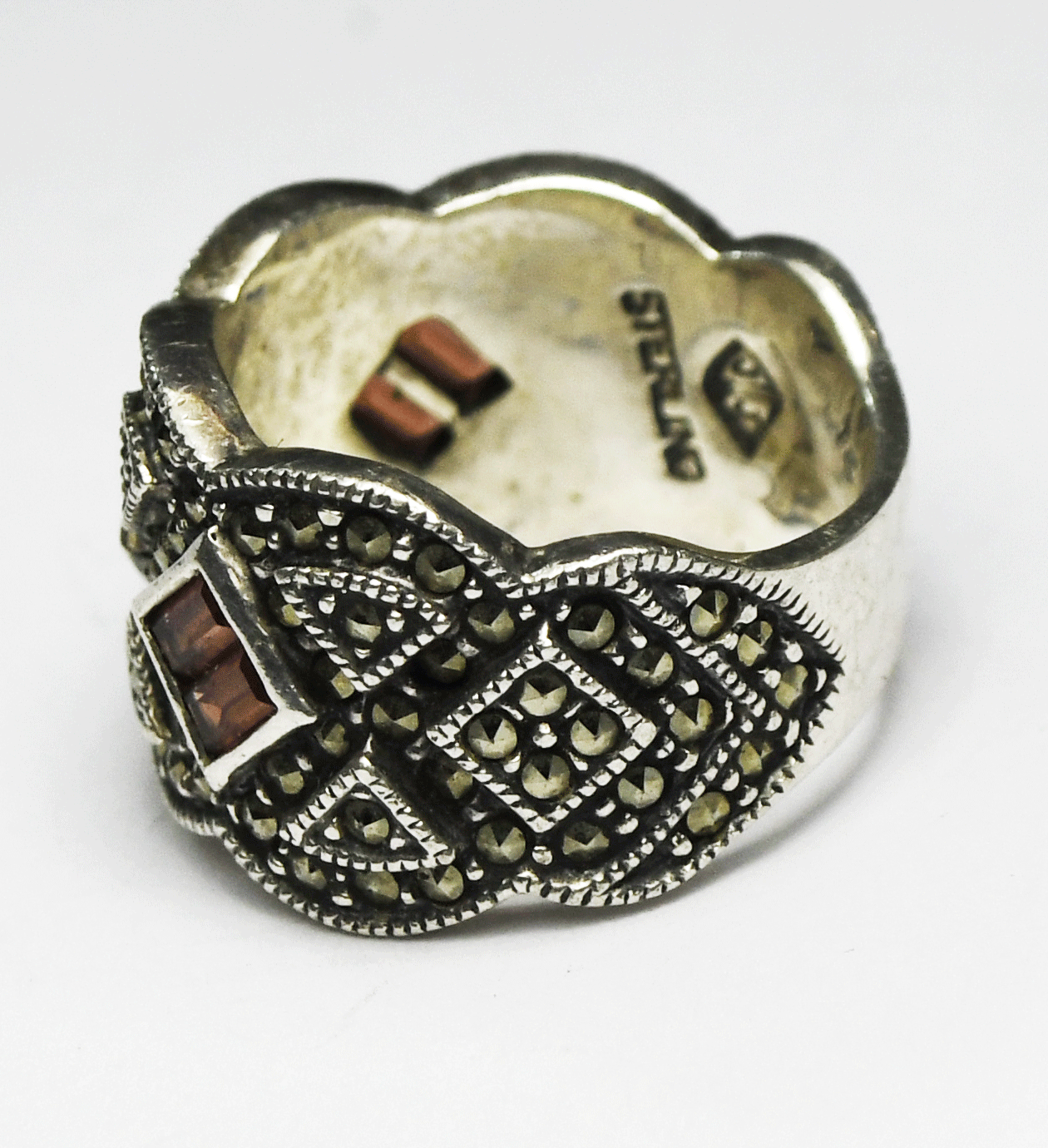 Sterling Silver Judith Jack Marcasite Garnet Ring 14mm Band Size 7