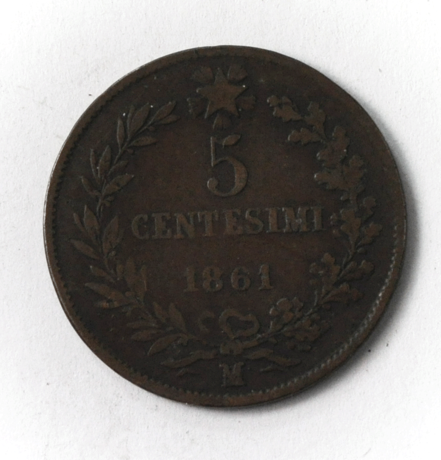 1861 M Italy 5 Five Centesimi Copper Coin KM# 3.2