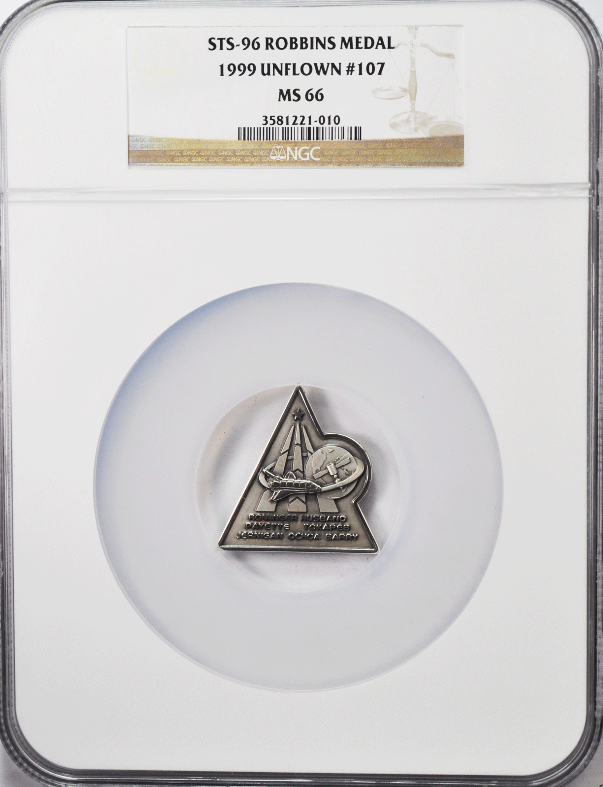 1999 STS-96 Robbins Silver Space Medal Unflown #107 NGC MS66 Dicovery