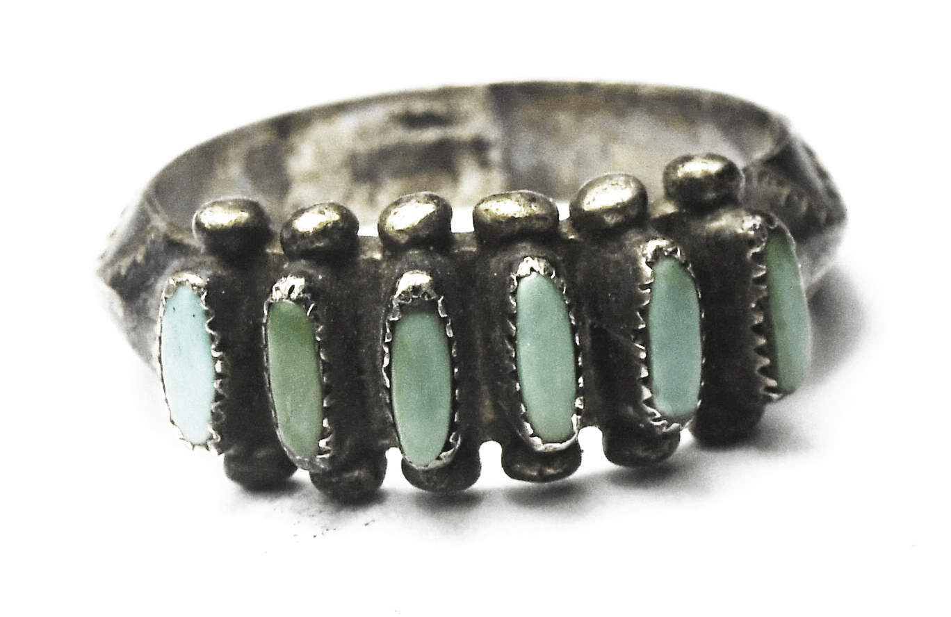 Sterling Silver Six Turquoise Petit Point Rice Micro Inlay Ring 8mm Size 7.5