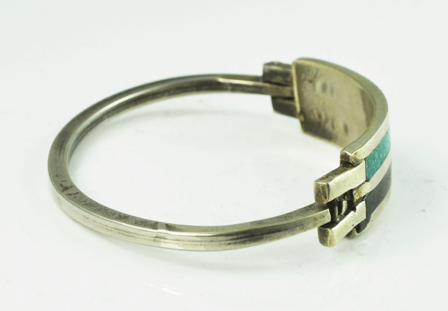 Silver Plated Turquoise Chip Black Enamel Stripe Bangle Bar Bracelet 12mm 5.5"
