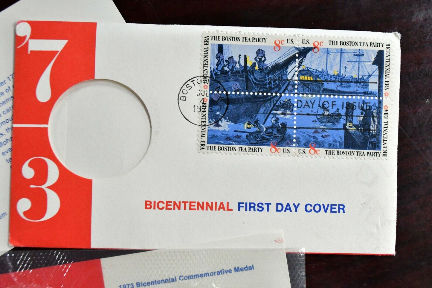1973 Bicentennial First Day Cover Medal Stamped Envelope Boston Tea Party