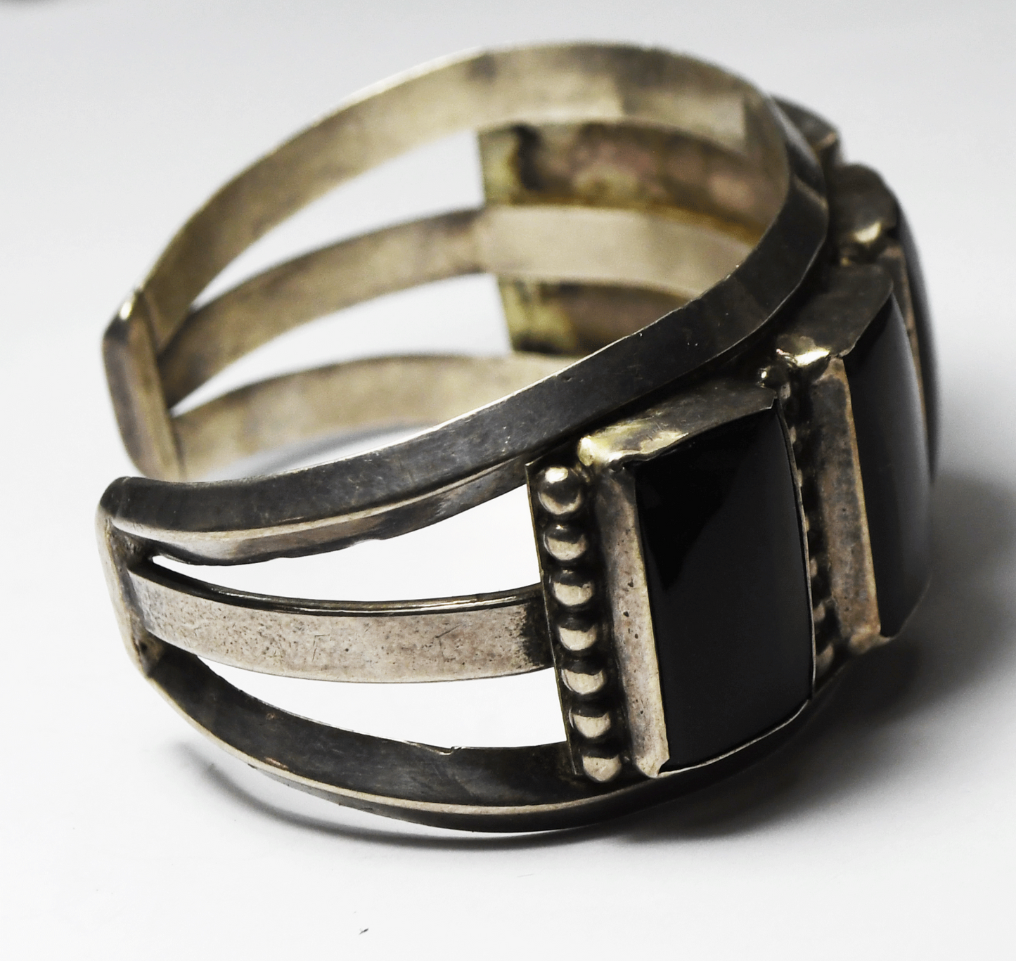 Antique Sterling 3 Bar Sandcast Rectangle Onyx Cuff Bracelet 6" Wrist 51g