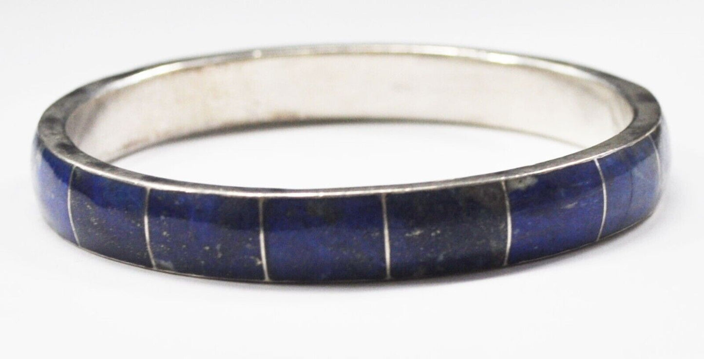 950 Silver Blue Lapis Inlay Round Bangle Bracelet 10mm 2-1/2"