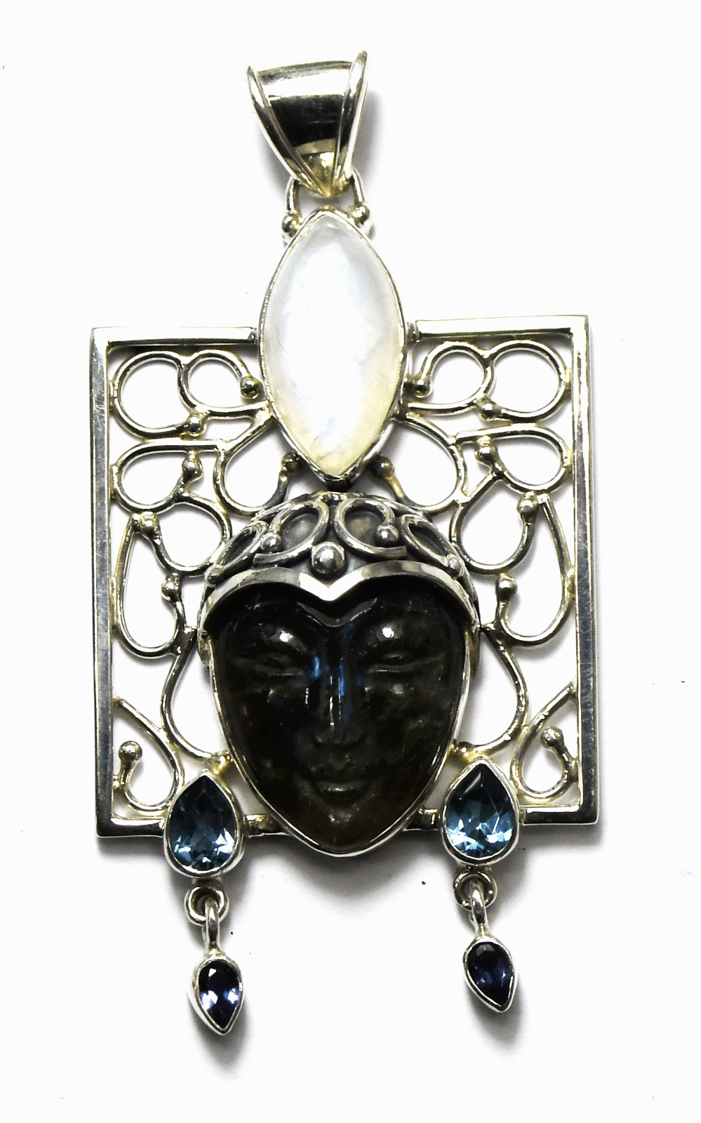 Sterling Sajen Labradorite Goddess Face Filigree Rectangle Pendant 2 3 Precious Metals Gems