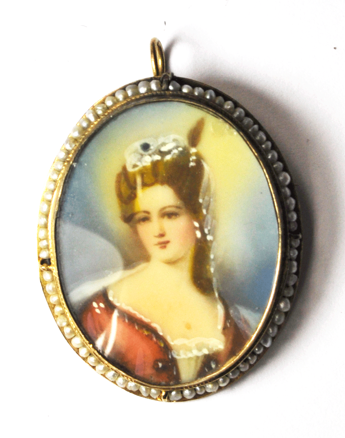 Antique 14k Gold Pearl Enamel Bust Portrait Brooch Pin Pendant 34mm Oval