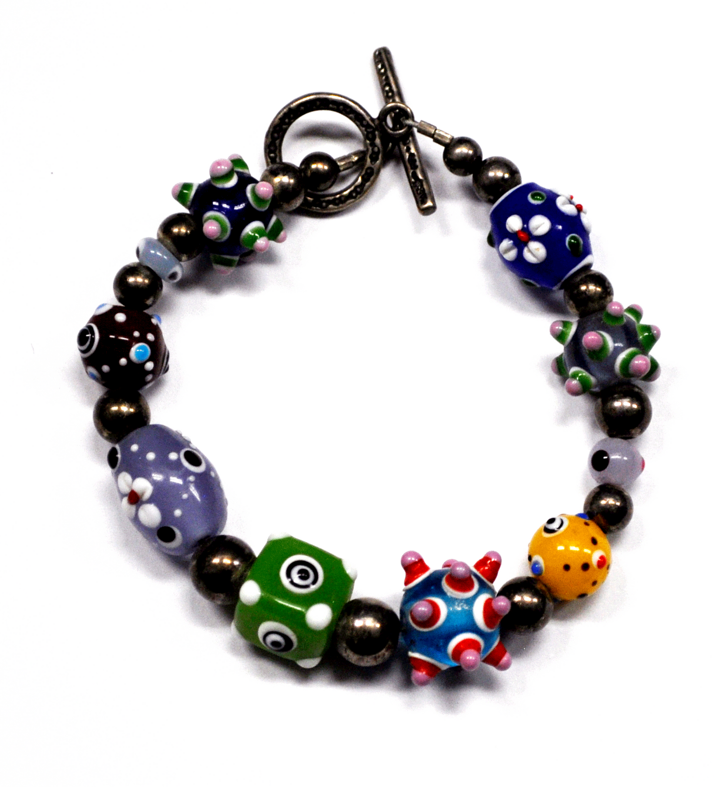 Sterling Silver Rainbow Tie Die Glass Bead Bracelet Toggle 15mm 7.75"