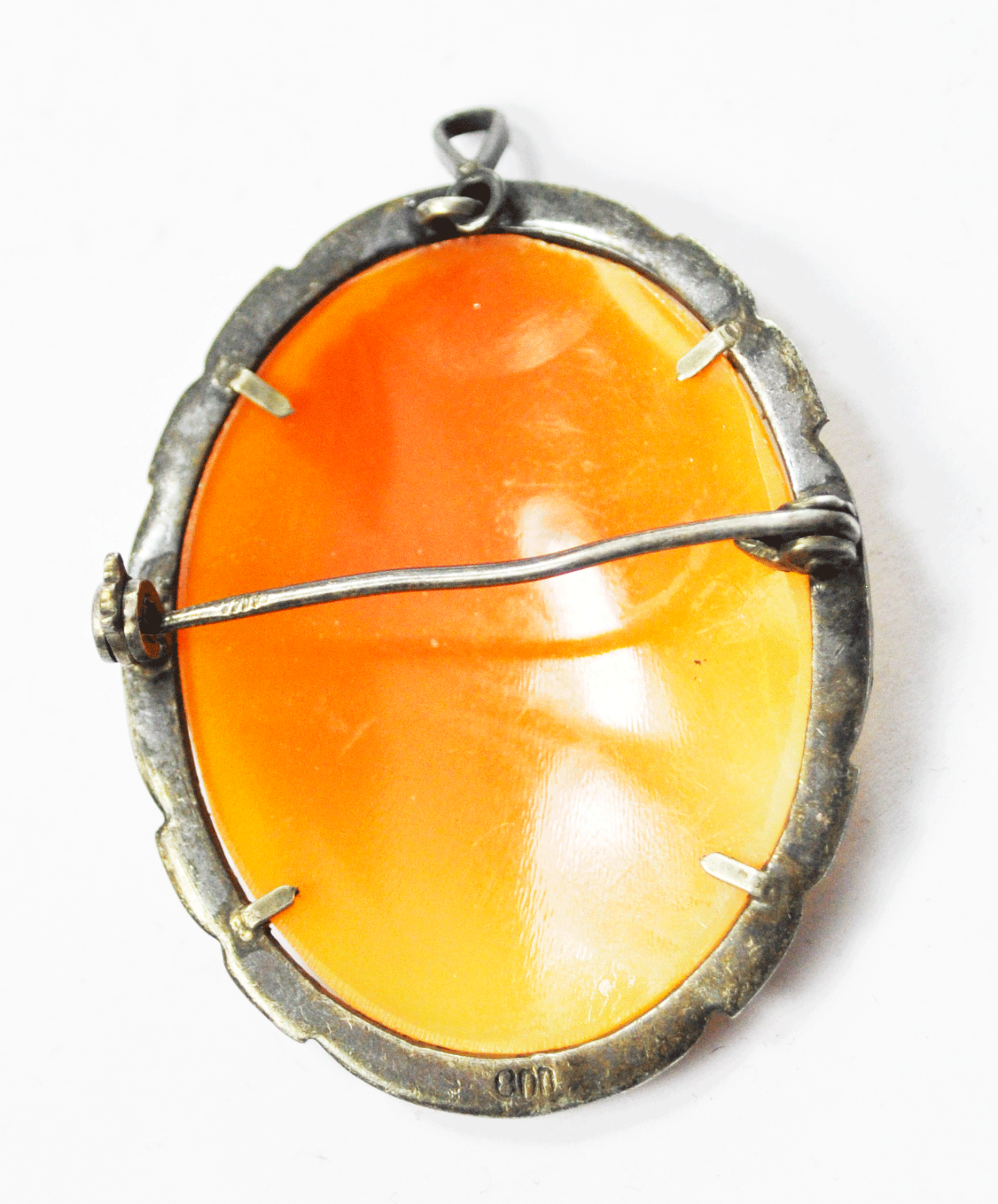 800 Fine Silver Carved Shell Cameo Filigree Hematite Brooch Pin Pendant 40mm