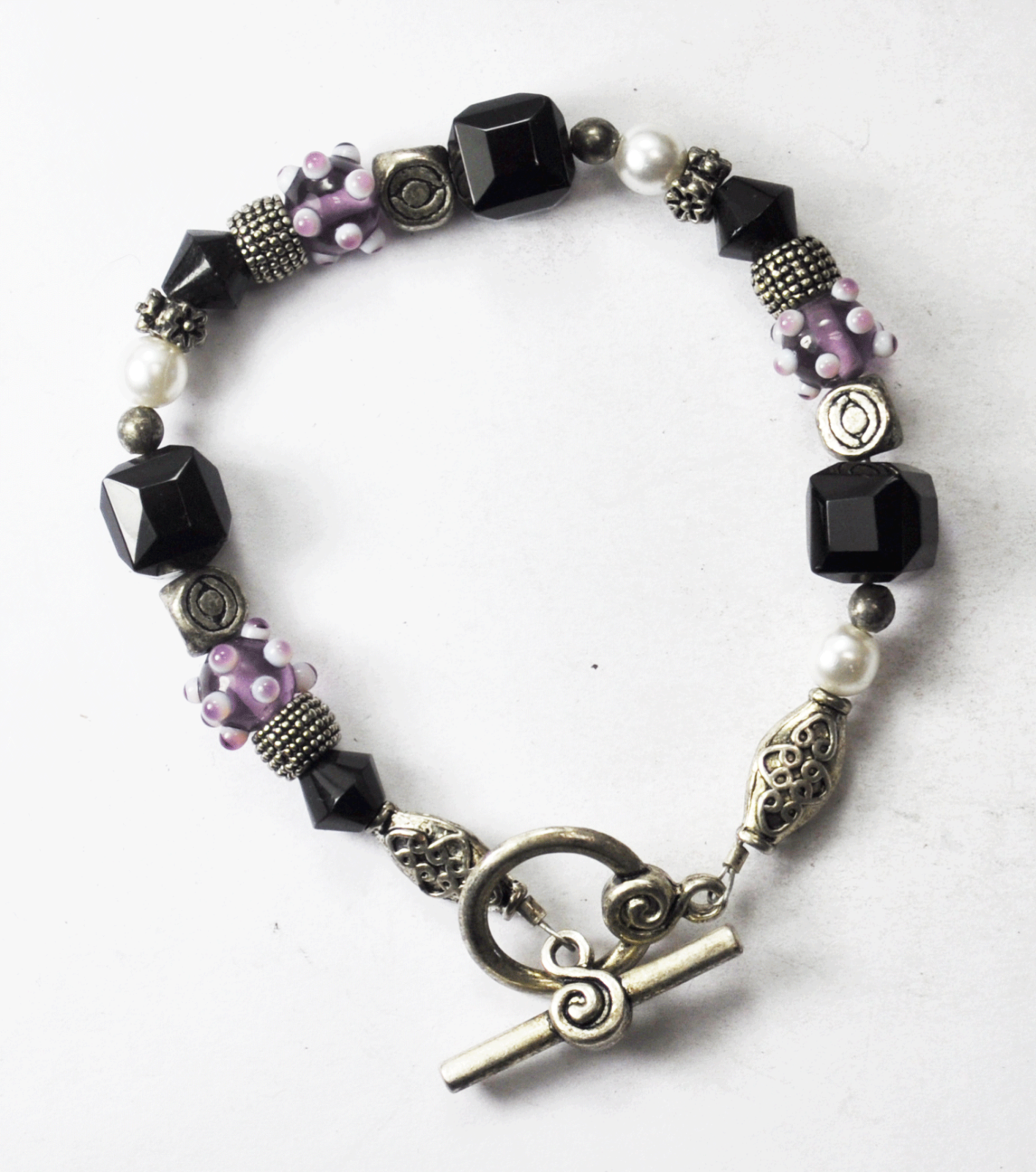 Silver Plate Purple Murano Black Pearl Bead Toggle Bracelet 10mm 8"