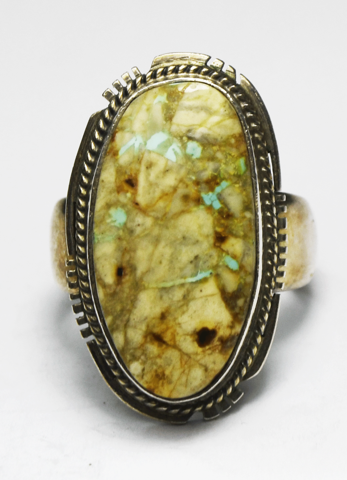 Sterling Silver Cream Oval Stone Small Turquoise Spots Ring 28mm Size 8-1/2