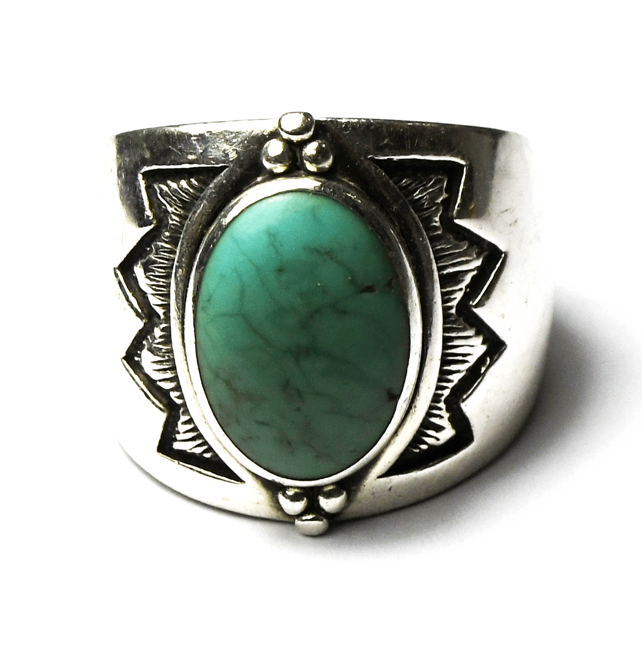 Sterling Silver Pollack Relios Turquoise Oval Sunburst Ring 19mm Size 8