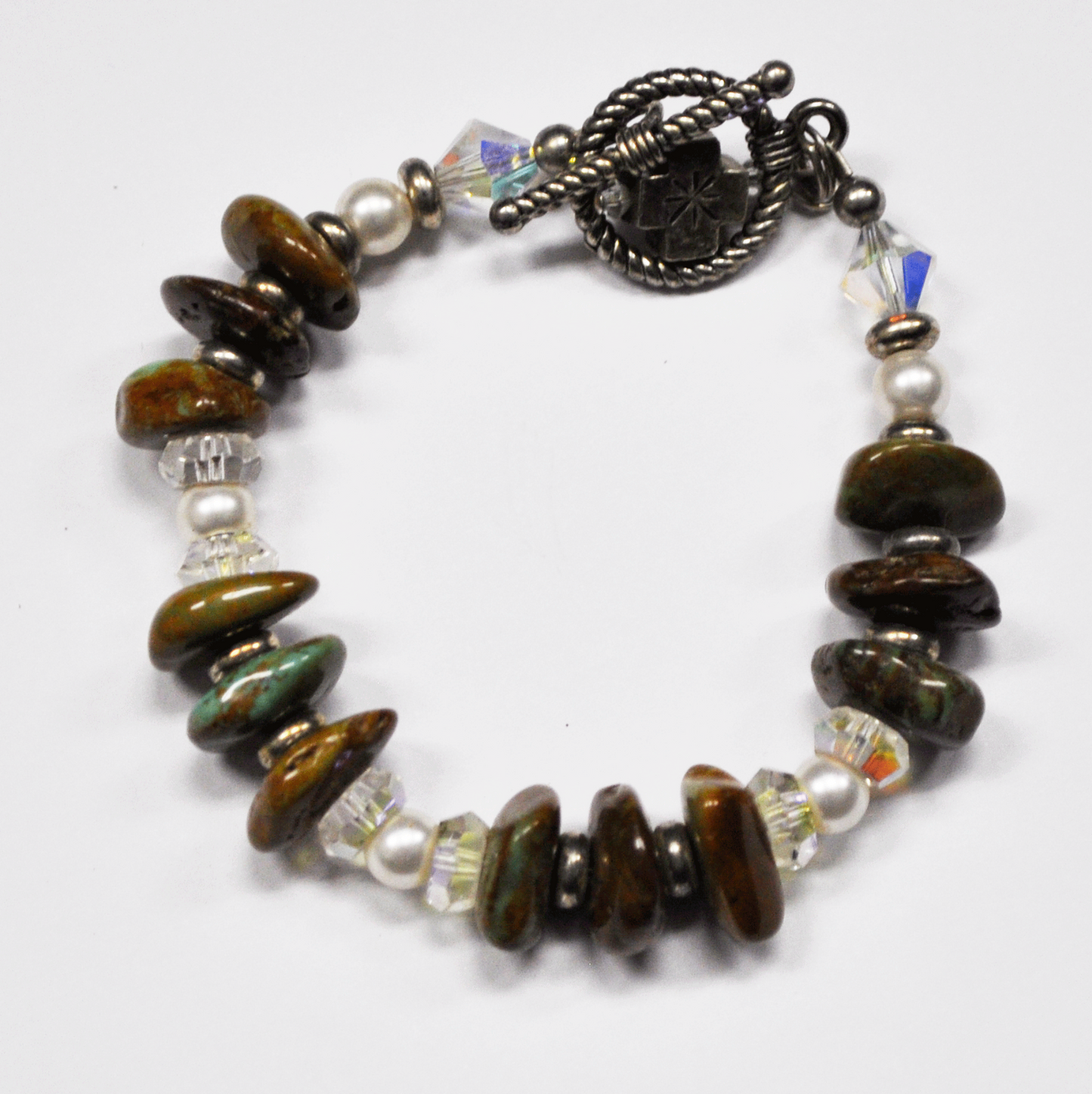 Rainforest Rhyolite Pearl Iridescent Glass Bead Sterling Toggle Bracelet Charm