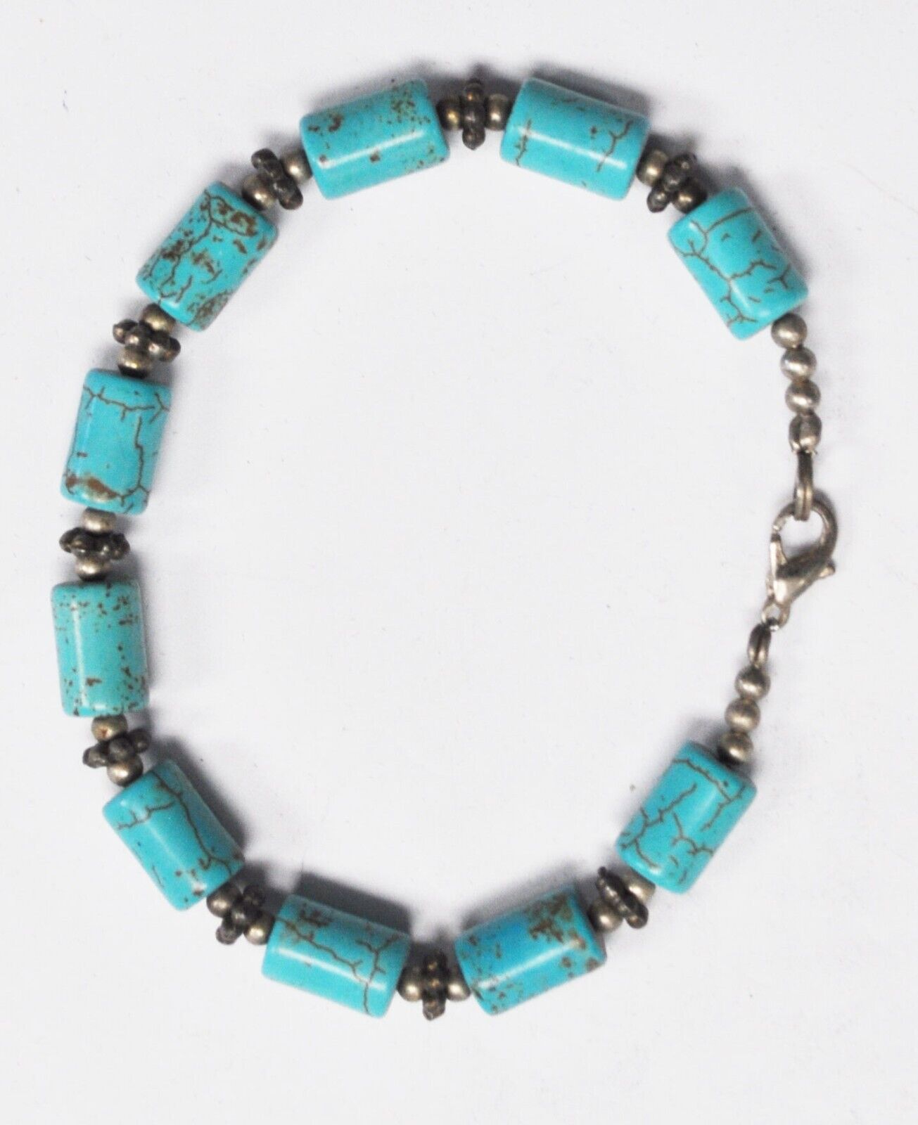 Silver Plated Dyed Howlite Turquoise Disc Bead Bracelet 7mm 8"