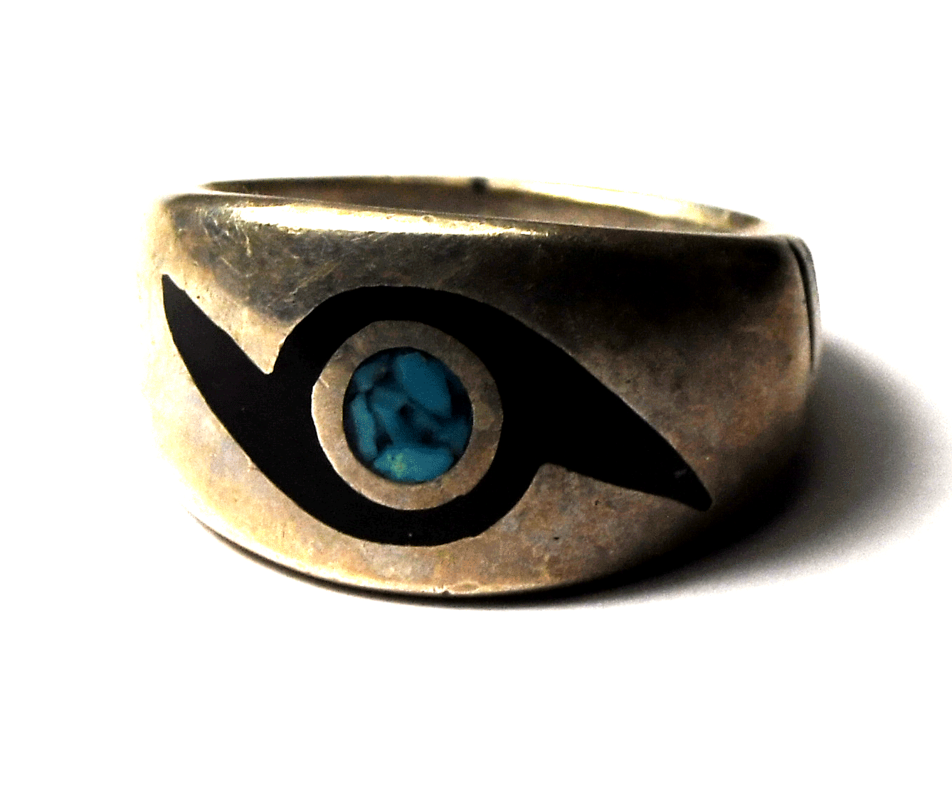 Sterling Silver Signed T Turquoise Onyx Inlay Ring Band 13mm Size 9