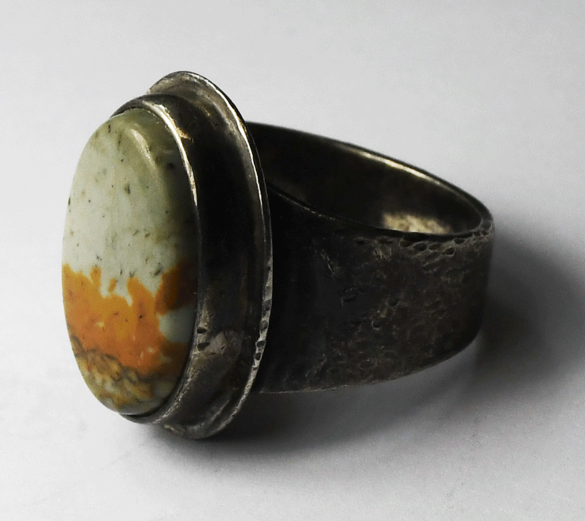Sterling Silver Signed Sharp Jasper Oval Ring 20mm Band Size 6-1/2