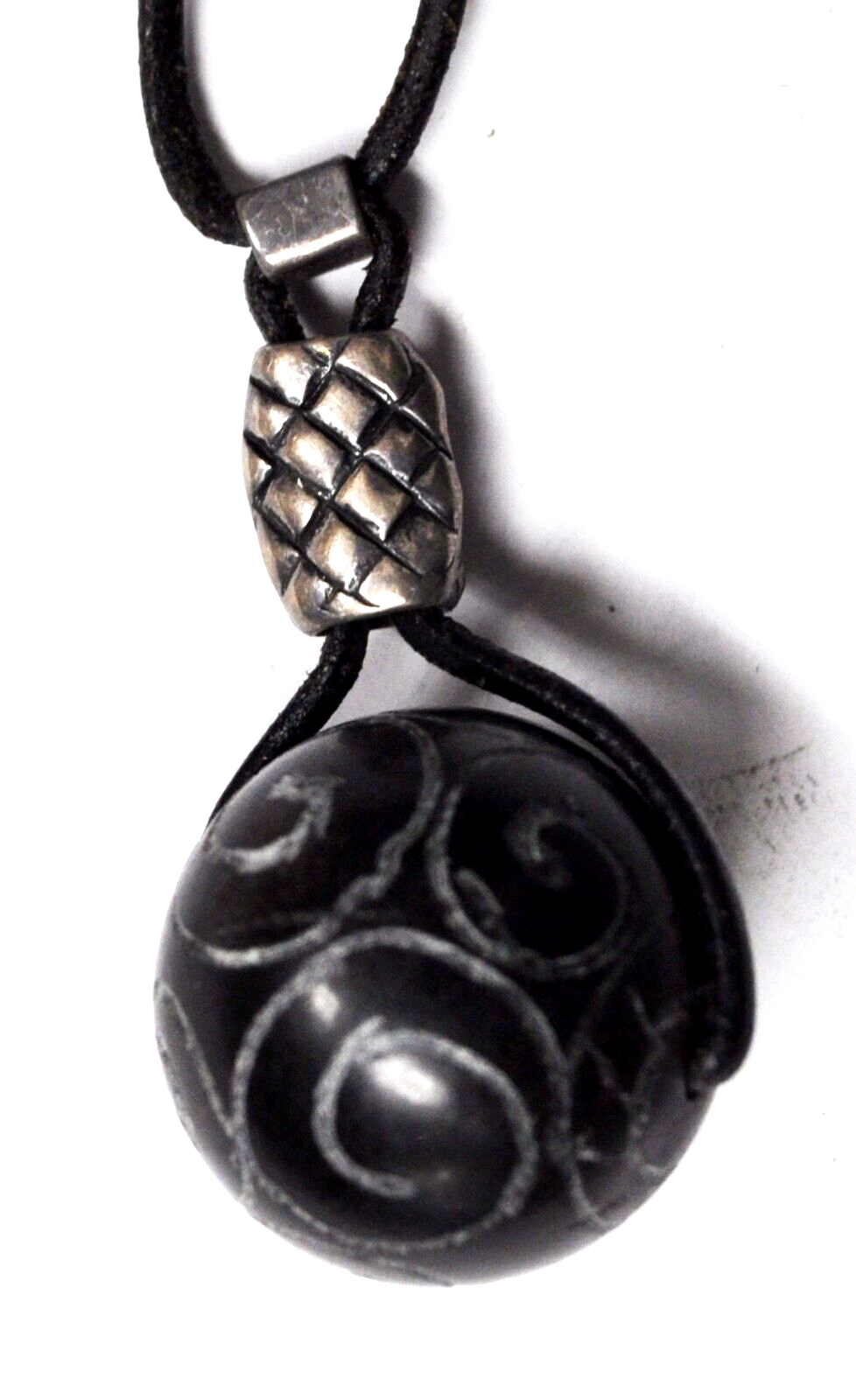 Sterling Silver Silpada Black Cord Necklace Carved Swirl Ball 48mm Pendant