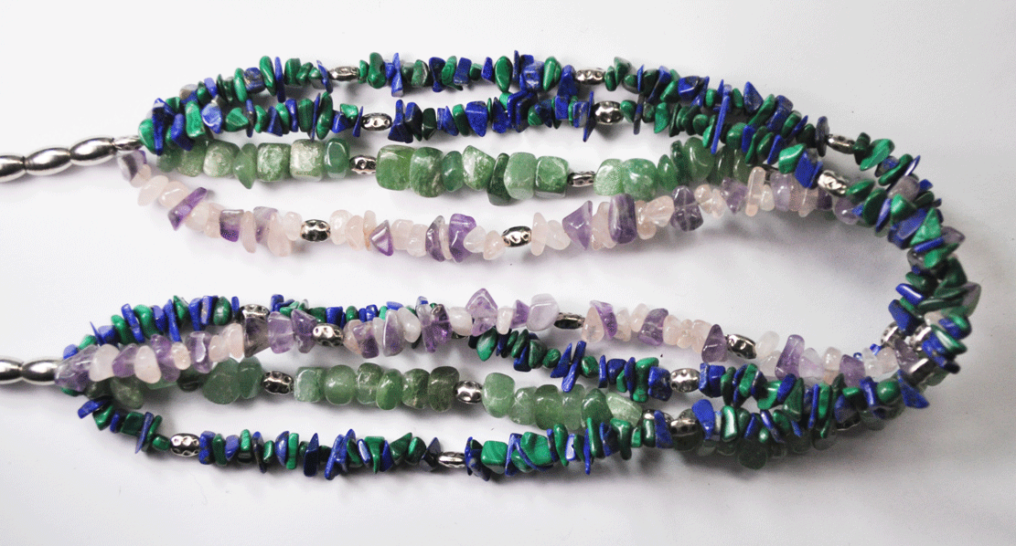 Sterling Silver Jade Malachite Lapis Bead 4 Strand Necklace Heavy 7ozt. 30"