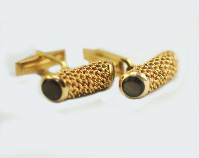 14 Karat Yellow Gold Mens Cufflinks Accented with 4 Black Star Sapphires