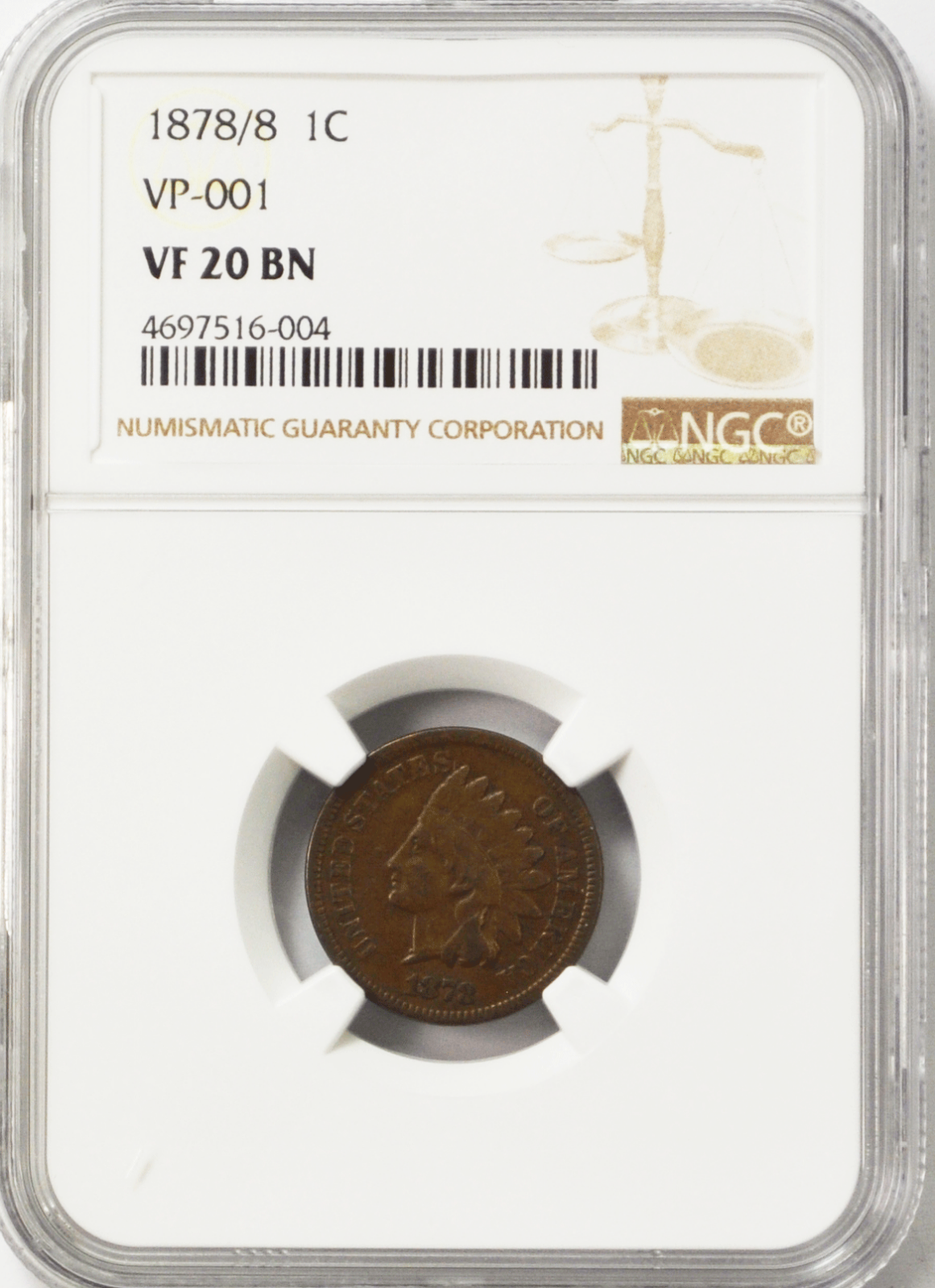 1878/8 1c Indian Head Penny One Cent Rare Philadelphia NGC VF20 BN VP-001