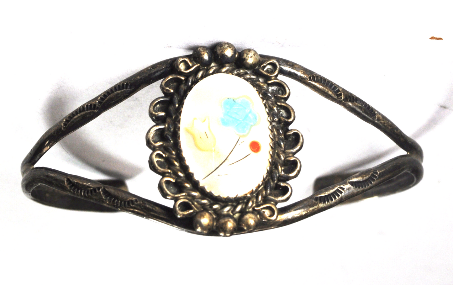 Sterling Silver Oval MOP Blue Flower Inlay Cuff Bracelet 28mm 5.5"