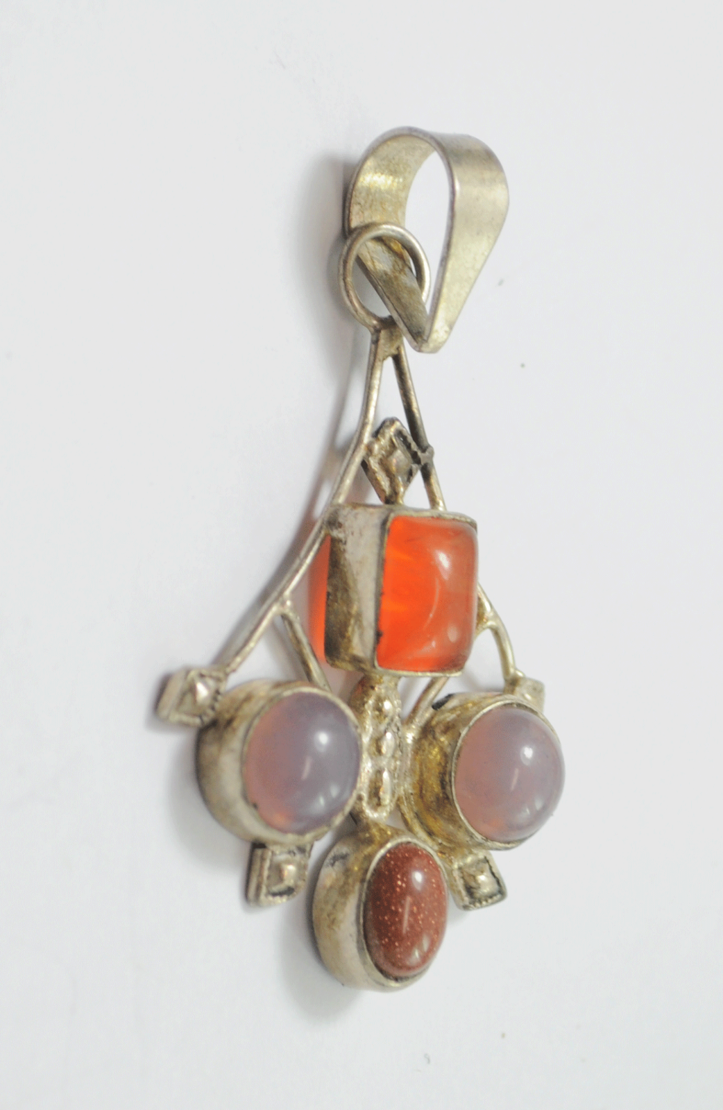 Sterling Silver Moonstone Goldstone Amber Filigree Wire Pendant 59mm x 33mm
