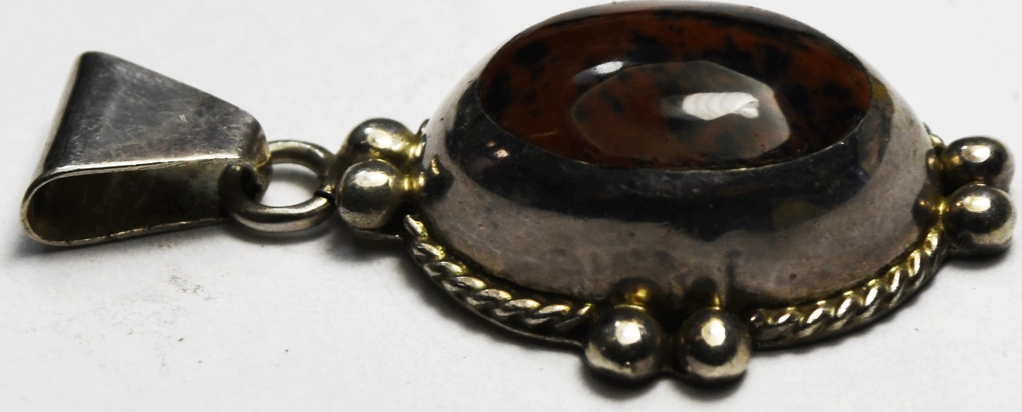Sterling Silver Mexico mahogany Obsidian Oval Dot Pendant 47mm x 25mm