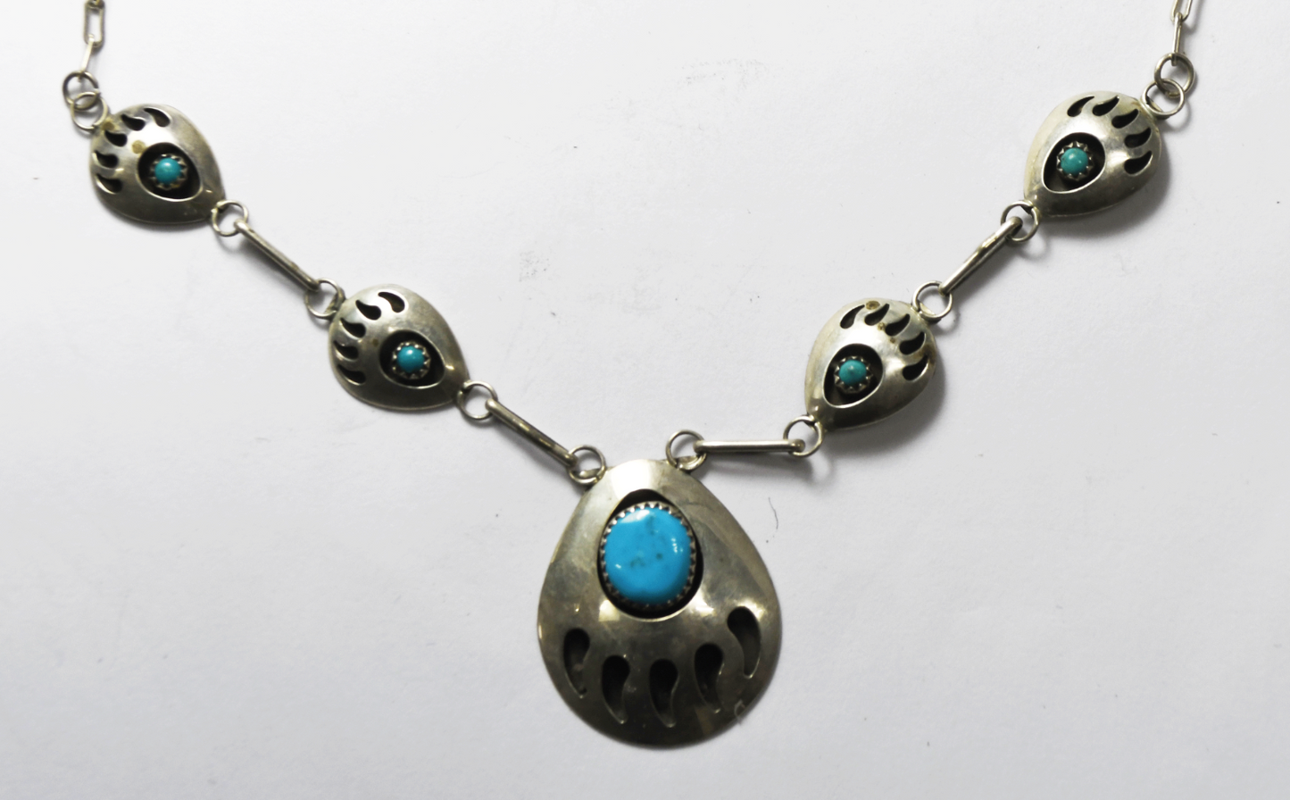 Sterling SJ Turquoise Bear Claw Shadow Box 32mm Necklace 19"