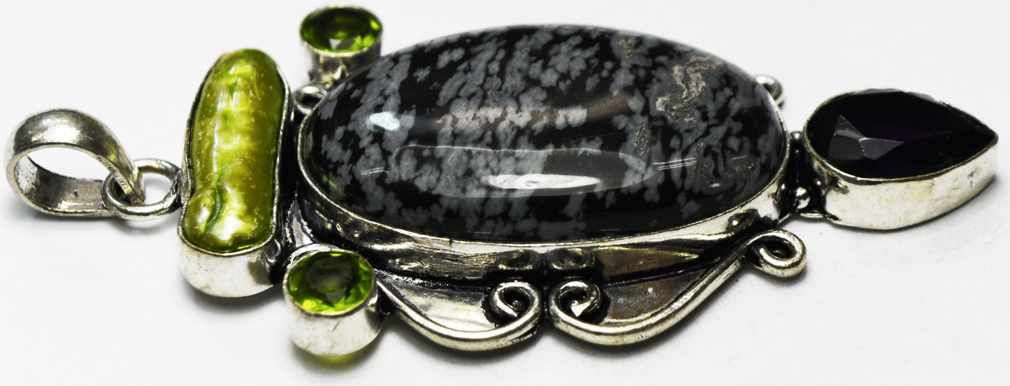 Sterling Silver Grey & Black Jasper MOP Peridot Amethyst Pendant 35mm x 75mm