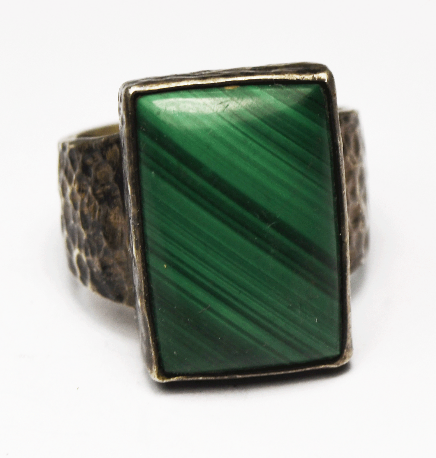 Sterling Silver MM Malachite Green Rectangle Hammered Ring 22mm Size 9-1/2