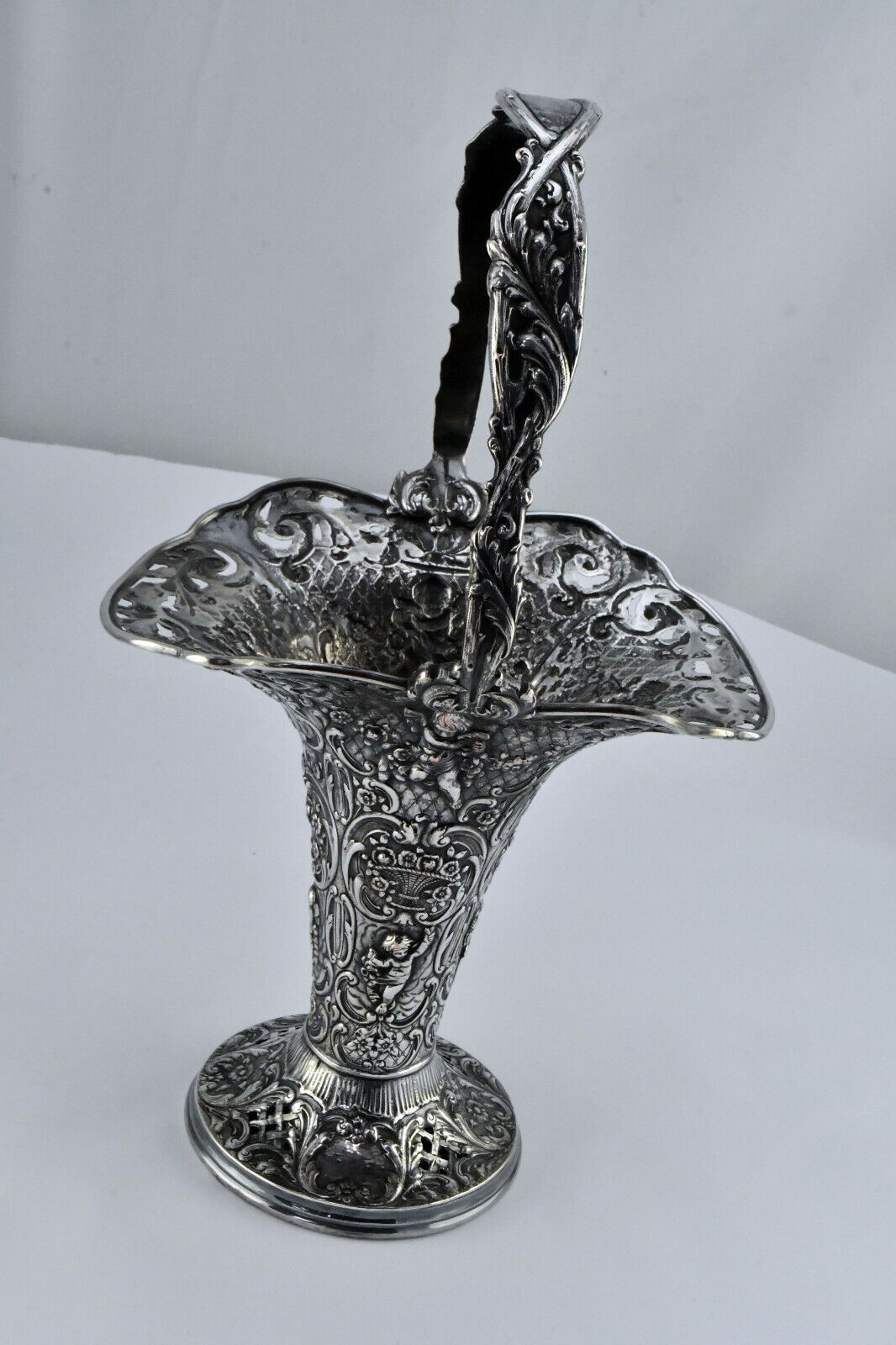 E.G Webster & Son Baroque Flute Style Cherub Ornate Repousse Vase 13 1/2"