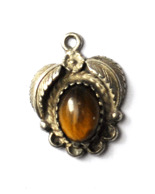 Vintage Sterling Silver Tigers Eye Floral Heart Charm 13mm x 17mm