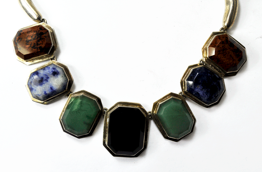 Sterling Silver Mexico TA-43 Heavy 35mm Onyx Jade Obsidian Sodalite Necklace 16"