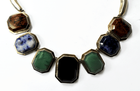 Sterling Silver Mexico TA-43 Heavy 35mm Onyx Jade Obsidian Sodalite Necklace 16"