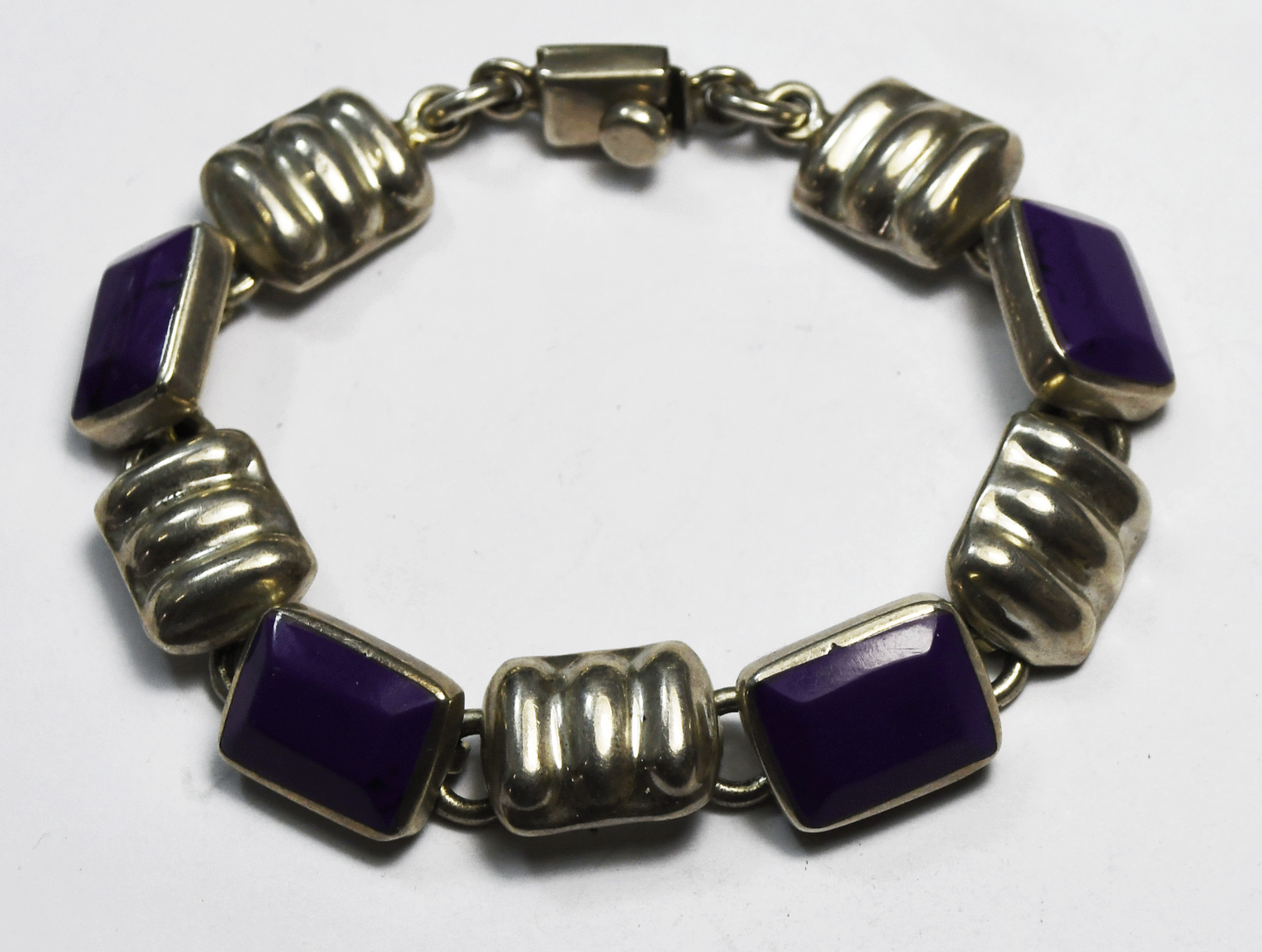 Sterling Silver Taxco TJ-57 Purple Howlite Chain Bracelet 12mm 7.5" 42g