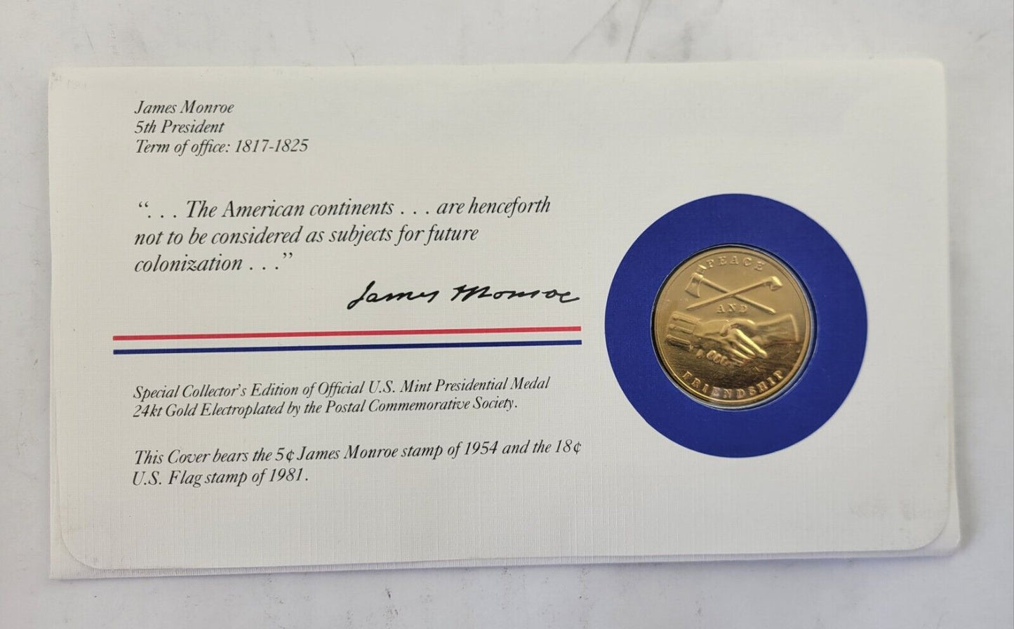 James Monroe Presidential Covers Medal Postal Commemorative Society Gold Plated