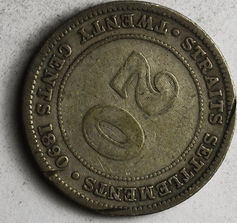 1890 20c Straits Settlements Twenty Cents Silver Coin KM#12