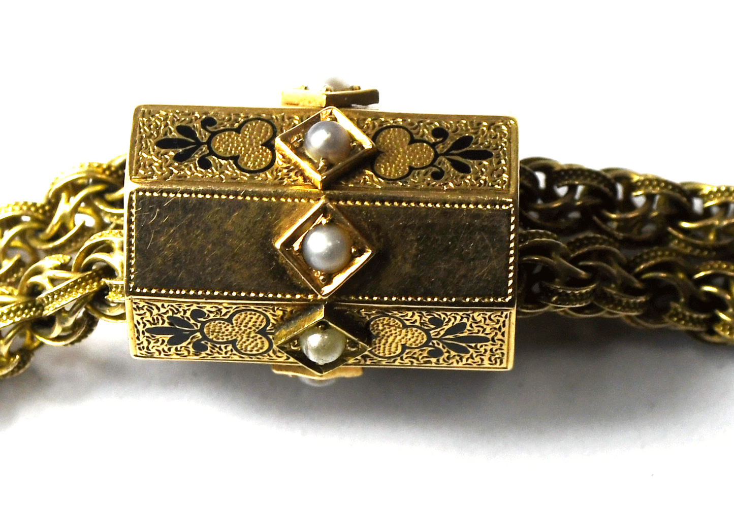 Gold Filled Pocket Watch Double 4mm Chain Pearl Octagon Slider 17"  38g