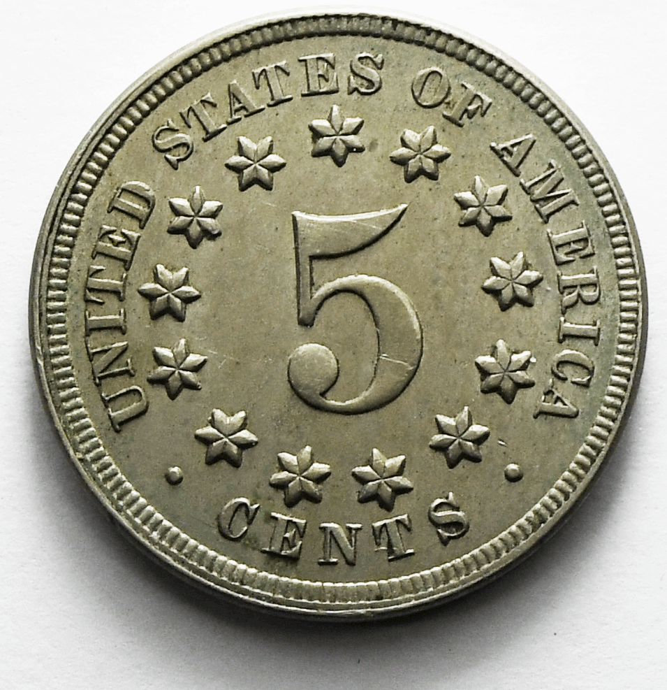 1867 No Rays 5c Shield Nickel Five Cents US Coin AU