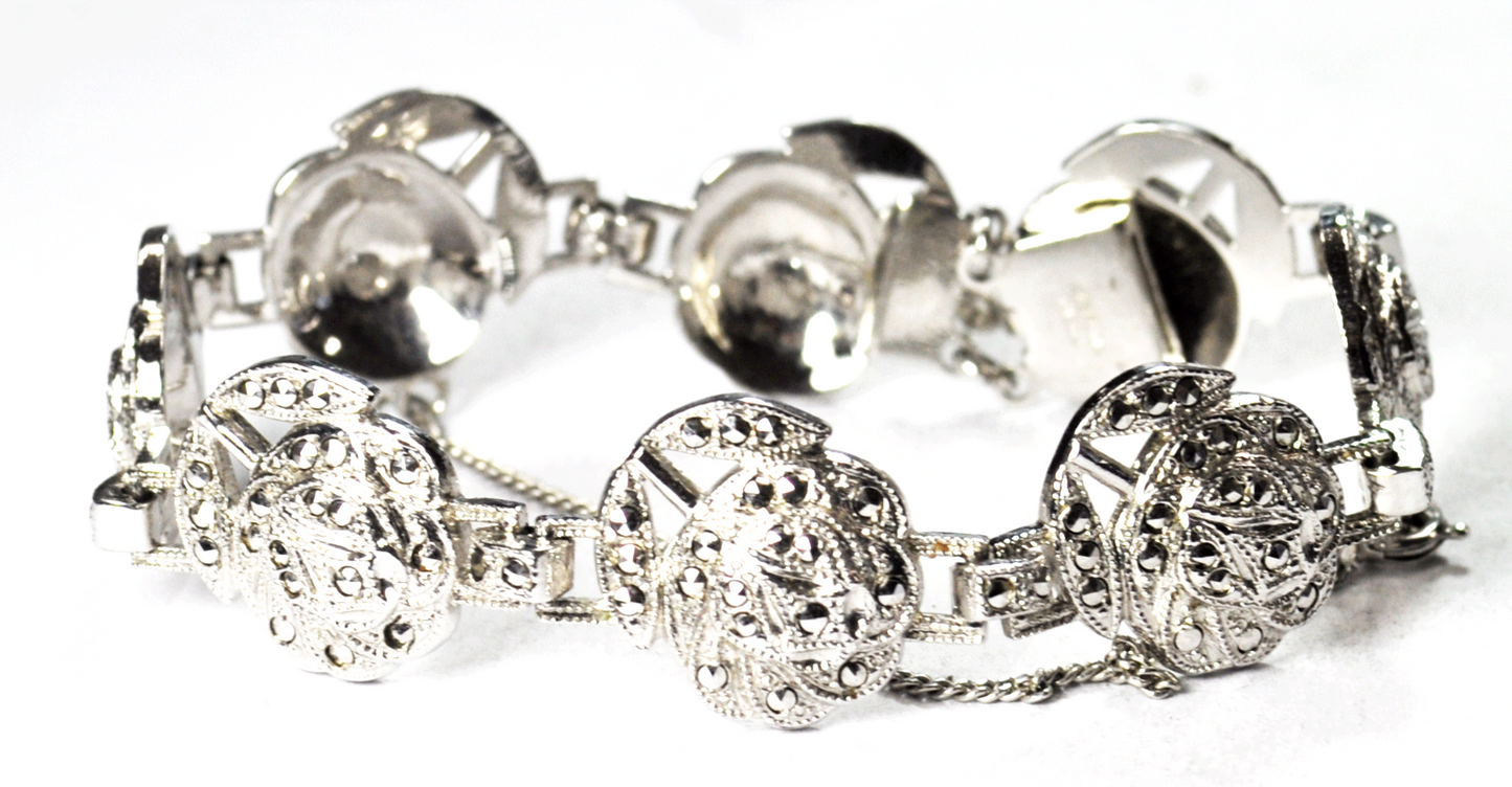 Sterling Silver Theda Marcasite Flower Link 16mm 7" Safety Chain Bracelet
