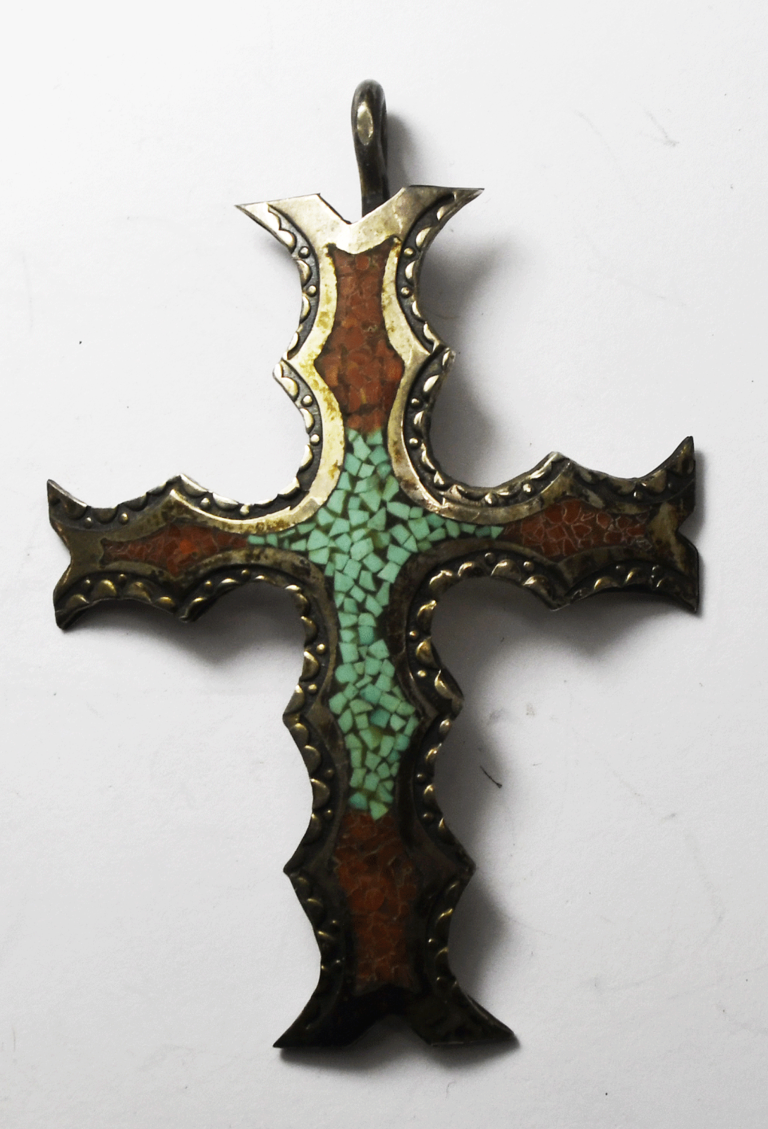 Sterling Turquoise Coral Chip Inlay Domed Jagged Cross Pendant 73mm x 49mm