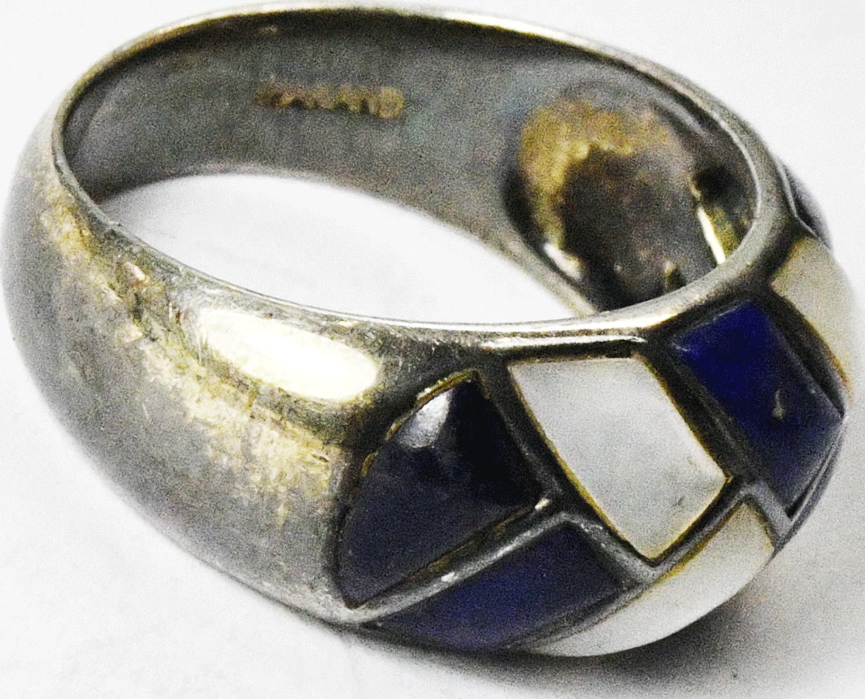 Sterling Silver S&G MOP Lapis Inlay Basket Weave Ring 11mm Size 7-1/4