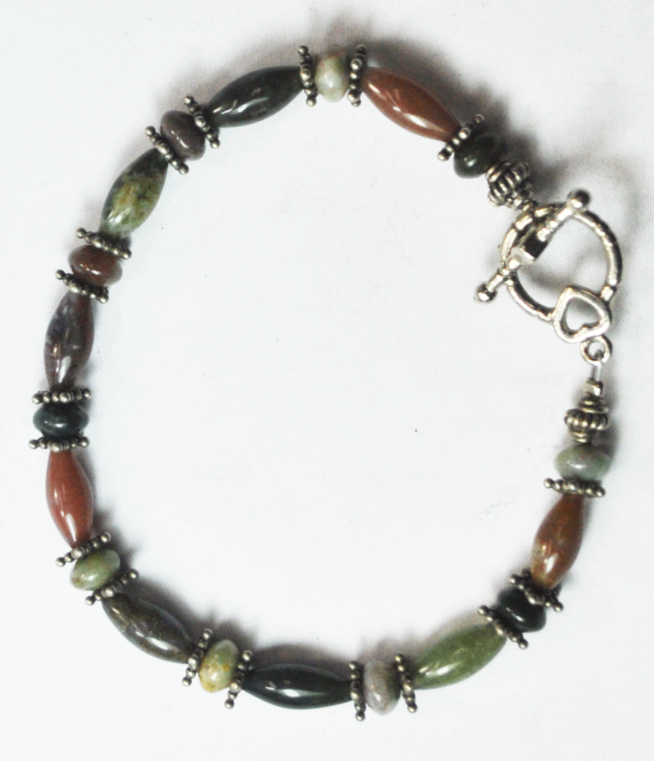 Sterling Silver Multi Color Jade Bead Bracelet 8mm 7-3/4" Heart Toggle