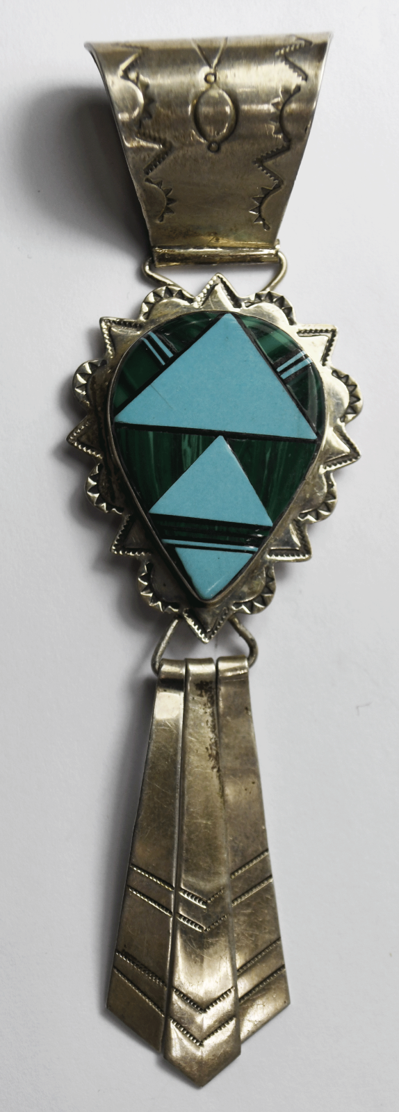Sterling J. Hoskie Turquoise Malachite Inlay 4.25" x 31mm Pendant Large Bale