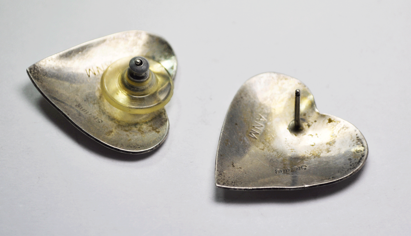 Sterling Silver ANM Heart Shape Etched Earrings 25mm Domed Pierced Studs