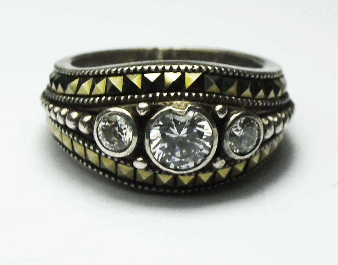 Sterling Silver Judith Jack Marcasite CZ  Ring 10mm Size 5
