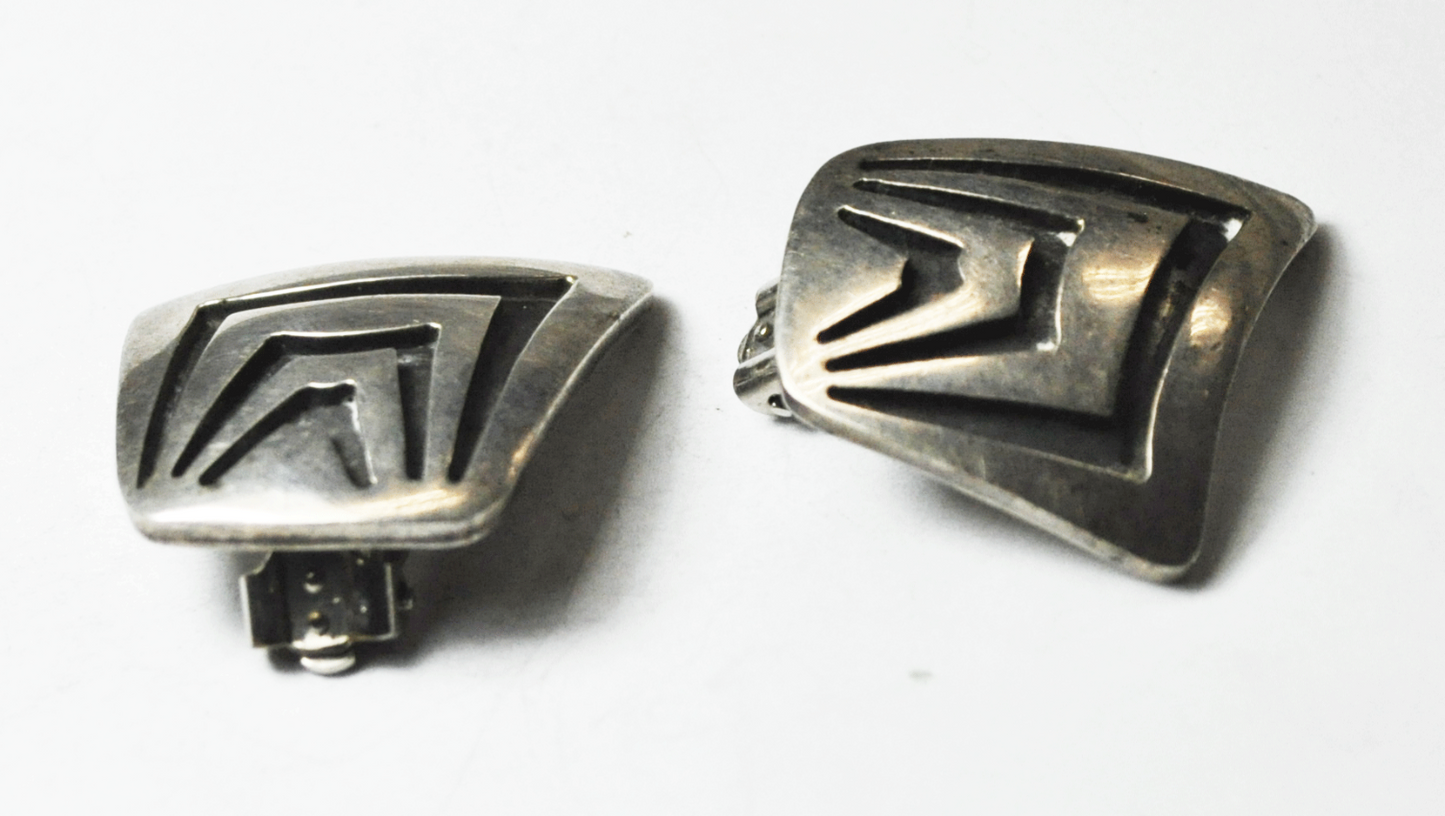 Sterling Silver Sinoind Clip On Earrings Abstract Wave Stripe 25mm