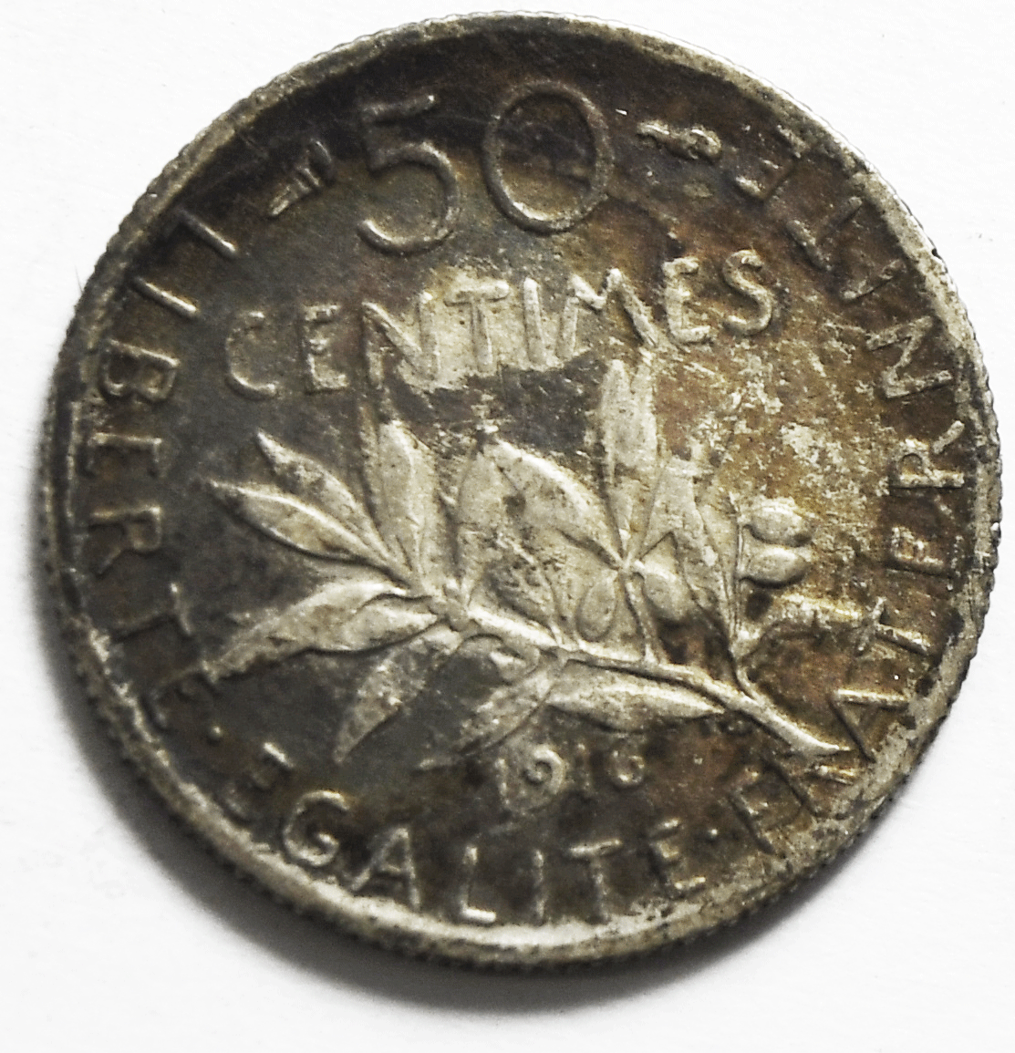 1916 France 50 Fifty Centimes Silver Coin KM# 854