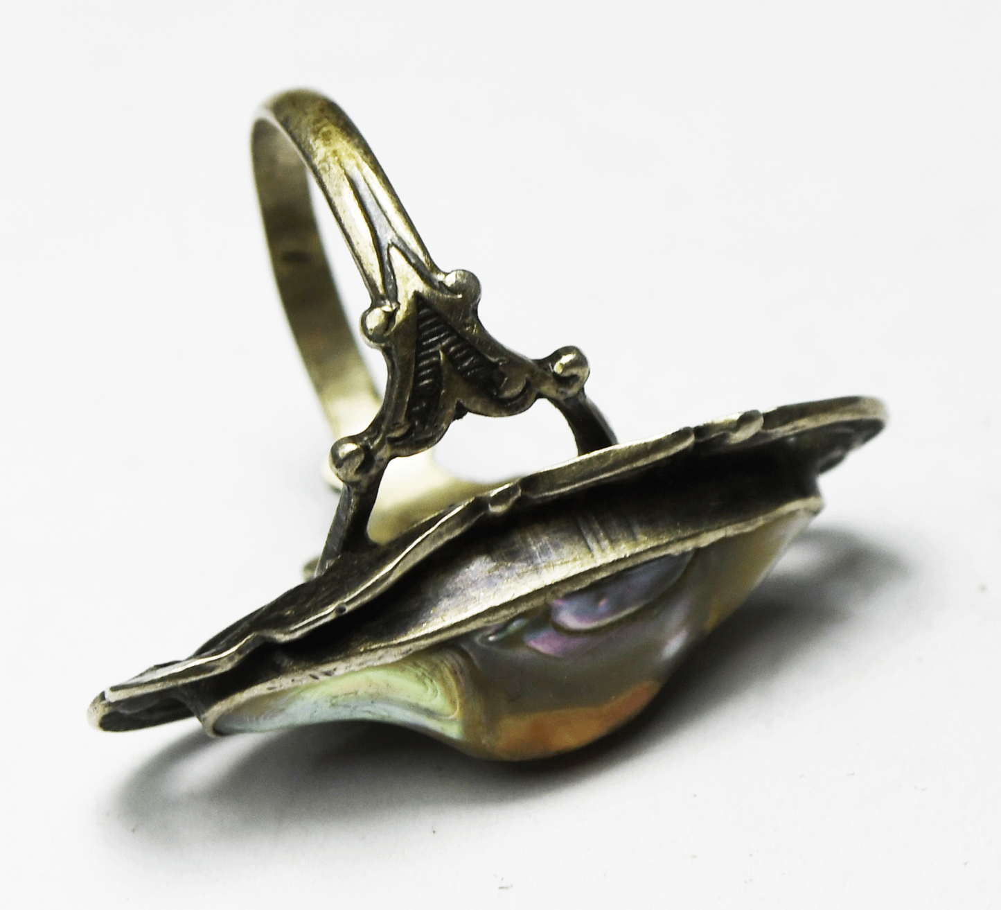 Vintage Sterling Silver MOP Abalone Wire Halo 28mm Ring Size 7-1/2