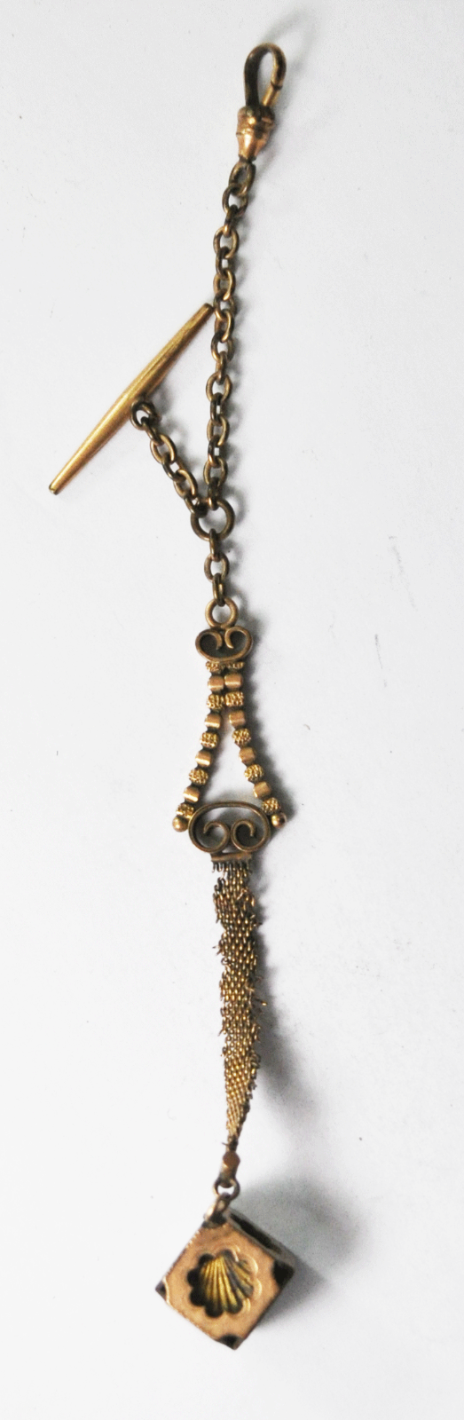 Vintage Gold Filled W&SB Shell Cube Fob 15mm Filigree Chain 5"